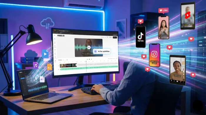 Interface de montage vidéo en ligne VEED.io avec génération automatique de sous-titres par IA.